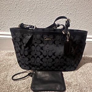 Coach Black Ashley Signature Tote and Black Leather Coach Wristlet Wallet Pouch